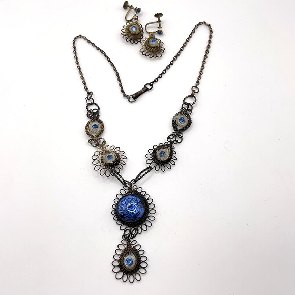 Vintage Wirework Necklace & Earrings Set Blue Glass Cabochons 17” w/ 2” Drop - Picture 2 of 12